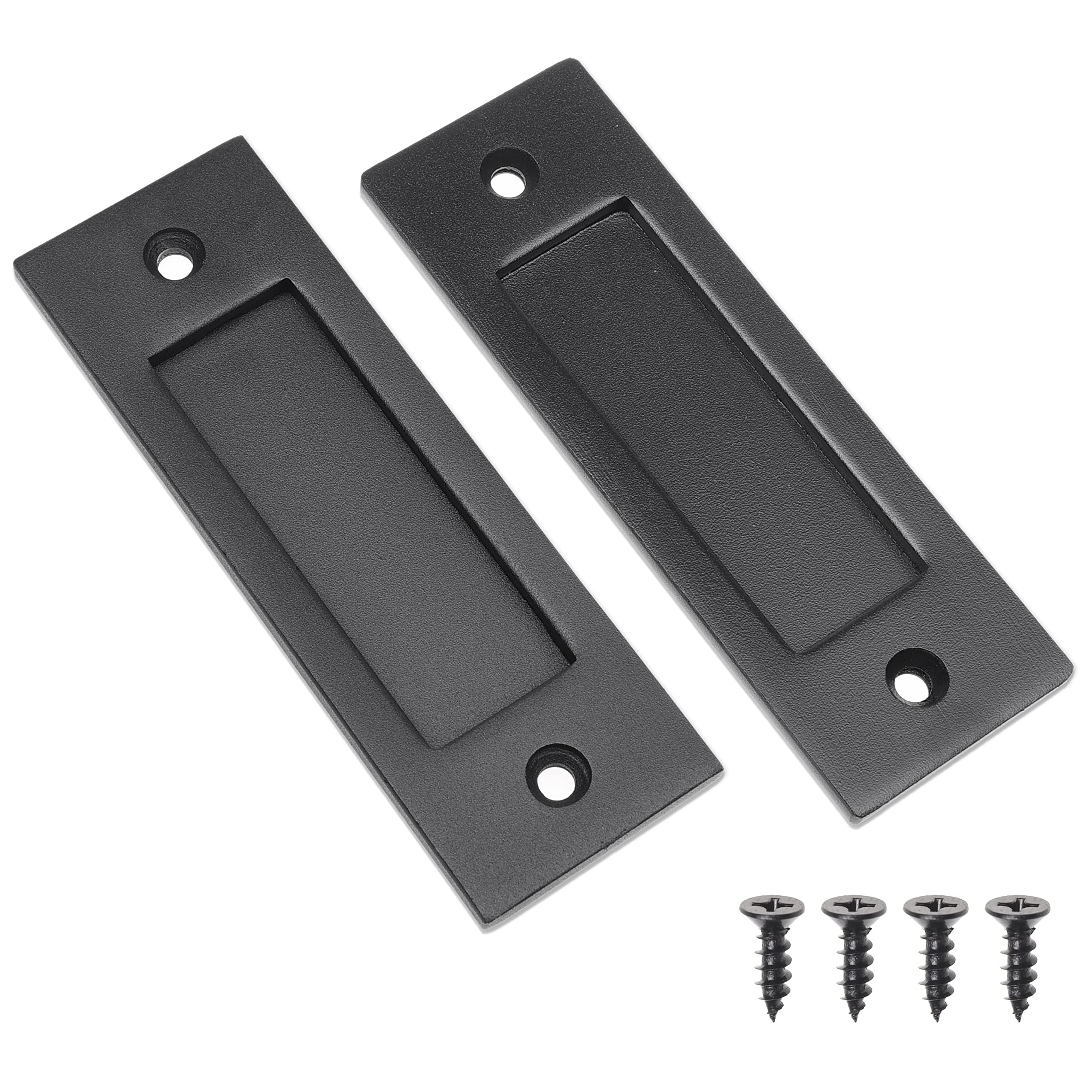 ECO-FUSED 2X Sliding Barn Door Finger Pull (Black) with Self Tapping Screws - 6-Inch Solid Steel Flat Bottom Handle - Easy to Install - Ideal for Sliding Doors, Closets, Sheds, Garages
