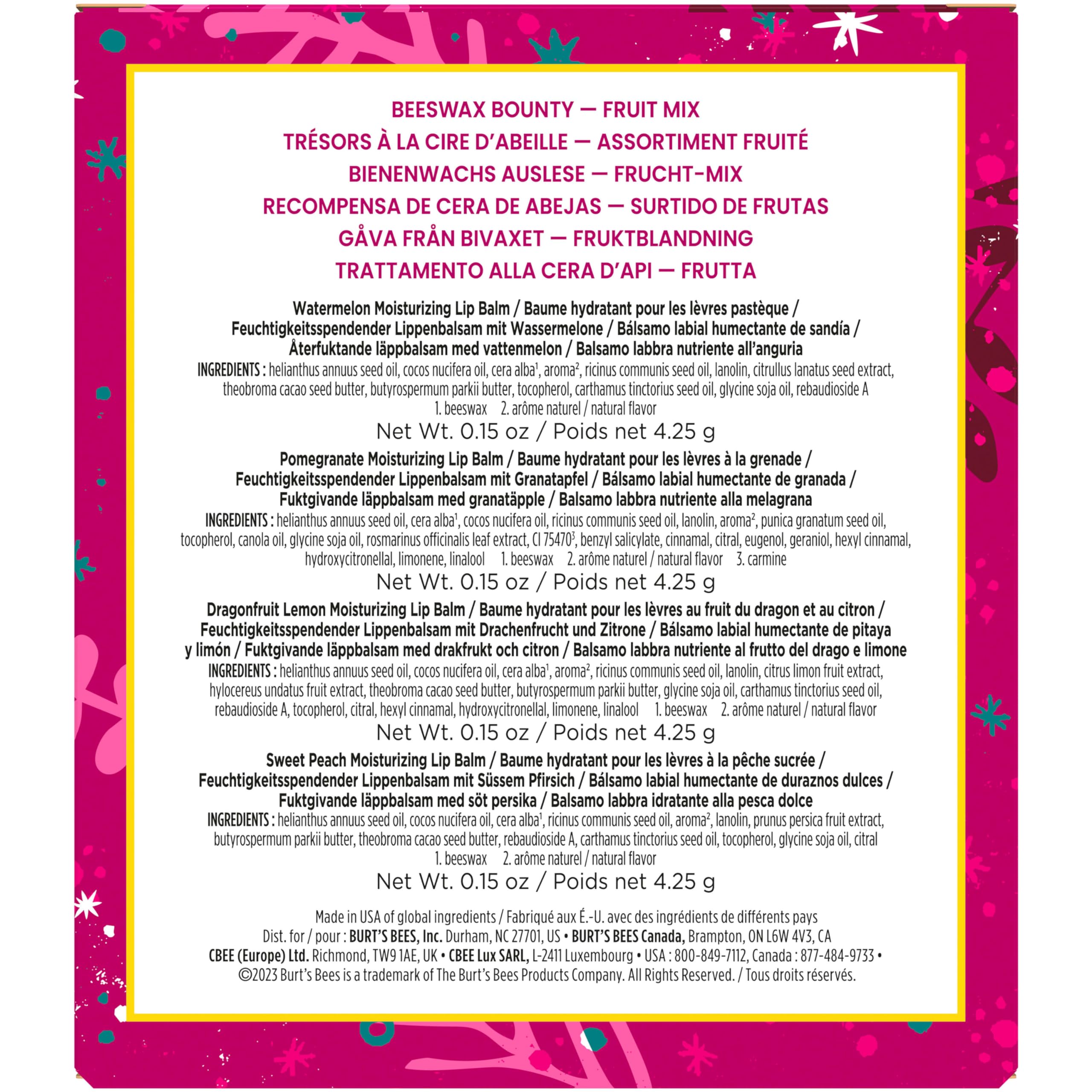 Burt's Bees Lip Balm Gift Set, Beeswax Bounty Fruit Mix, Perfect Lip Balms for Gift Baskets, 4-Pack, 0.15 oz.