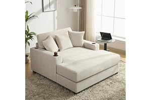 XD Designs Modern 55" Oversized Chaise Lounger, Luxurious Chenille Fabric Single Sofa Chair with Pillows, Charge Station & Cup Holders for Living Room Apartment Offices (Cream-55'')