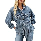 Kedera Womens Jean Jacket with Belt Oversized Long Sleeve Button Down Denim Coat Jeans Boyfriend Outerwear