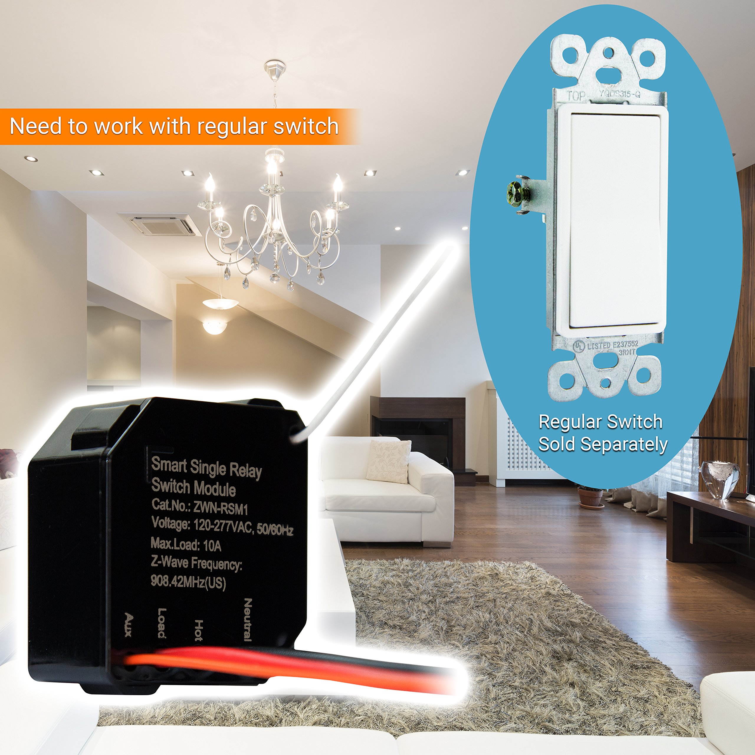 ENERWAVE ZWave Plus Relay, Hidden Smart Switch Wireless Remote Control