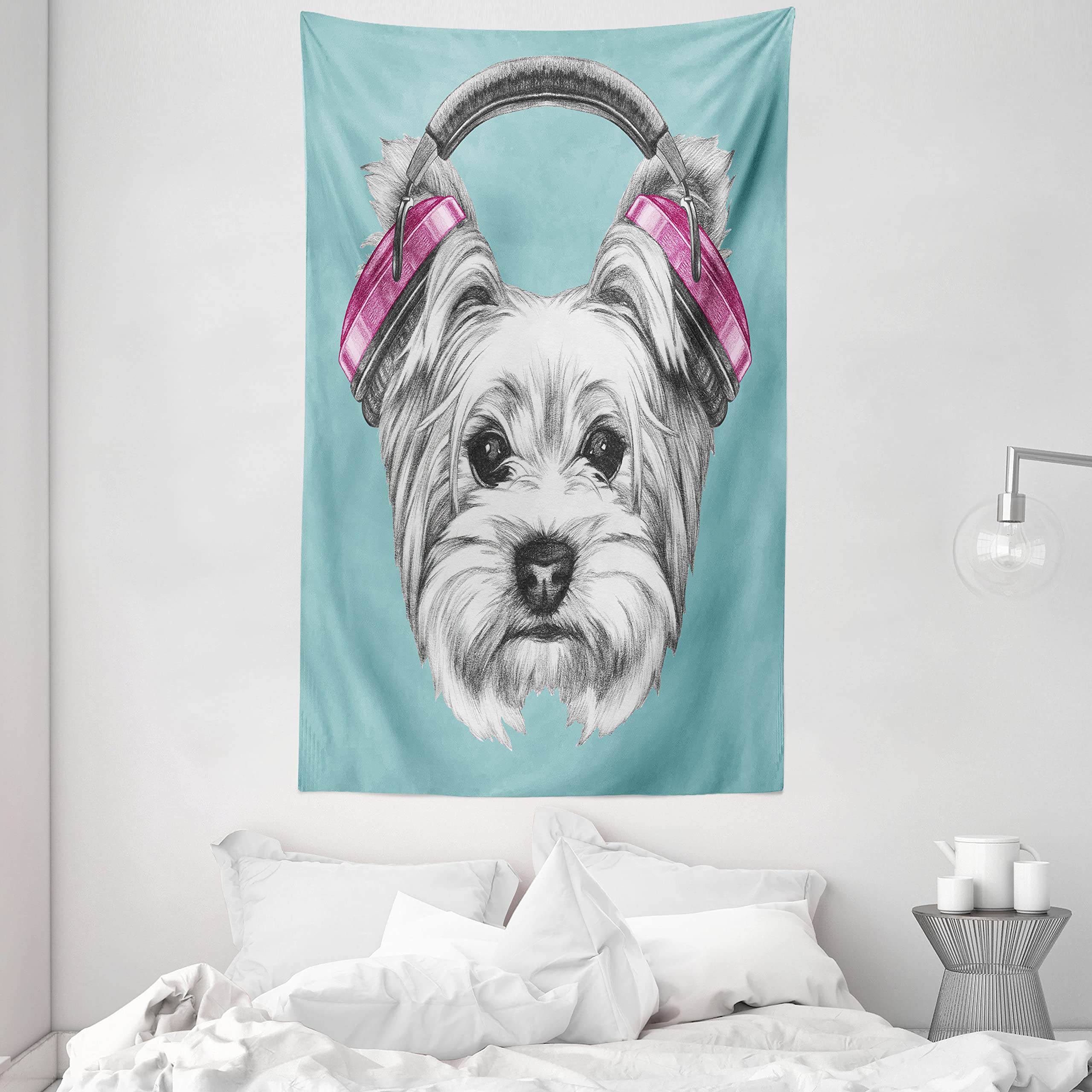 ABAKUHAUS Yorkie Tapestry, Dog Headphones Music Listening Yorkshire Terrier Hand Drawn Caricature, Fabric Wall Hanging Decor for Bedroom Living Room Dorm, 140 x 230 cm, Pale Blue White