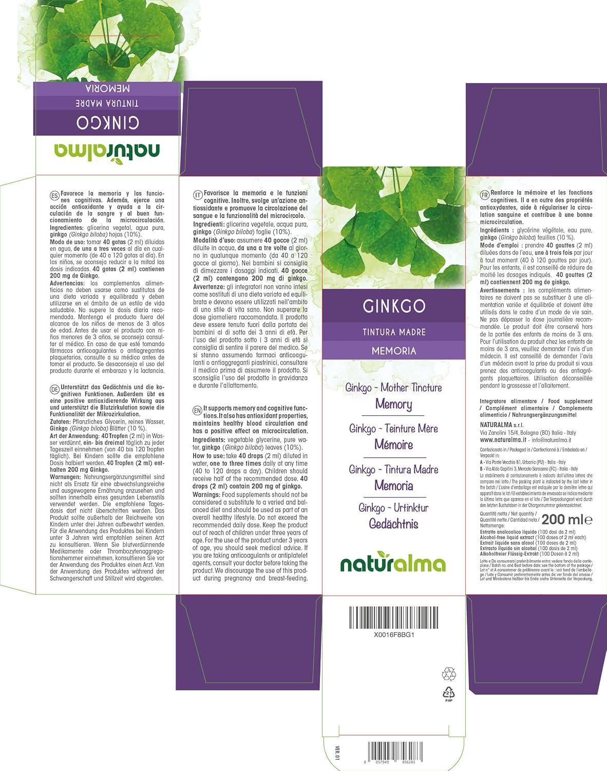 Ginkgo (Ginkgo biloba) Leaves Alcohol-Free Mother Tincture Naturalma - Liquid Extract Drops 200 ml - Food Supplement - Vegan - Image 3