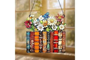 GIKZO Floral Books Acrylic Suncatcher Stained Glass Effect Window Car Hanging Christmas Ornament Indoor Outdoor Decor Garden Bookworm Sun Catcher Gifts for Bookish Lover for Women Mom Grandma