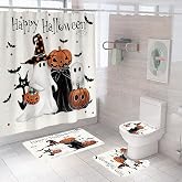 4Pcs Halloween Shower Curtain Set Spooky Ghost Pumpkin Shower Curtain for Halloween Bathroom Decor with Anti-Slip Waterproof Bathtub Bathroom Rugs Toilet Lid Cover (Happy Halloween)