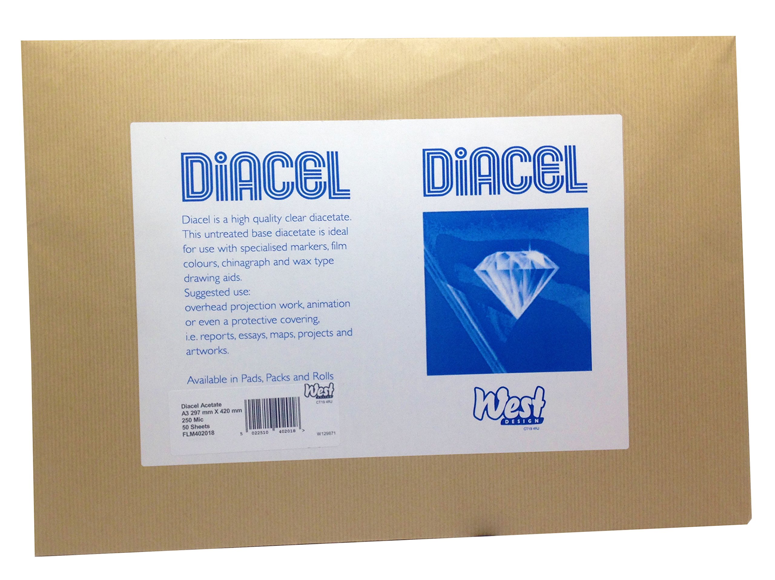 Diacel Film Acetate Sheets, Clear, A3, 250 Microns, 50 Sheets, For Use With Specialised Markers, Film Colours And Chinagraph, Crystal Clear Film