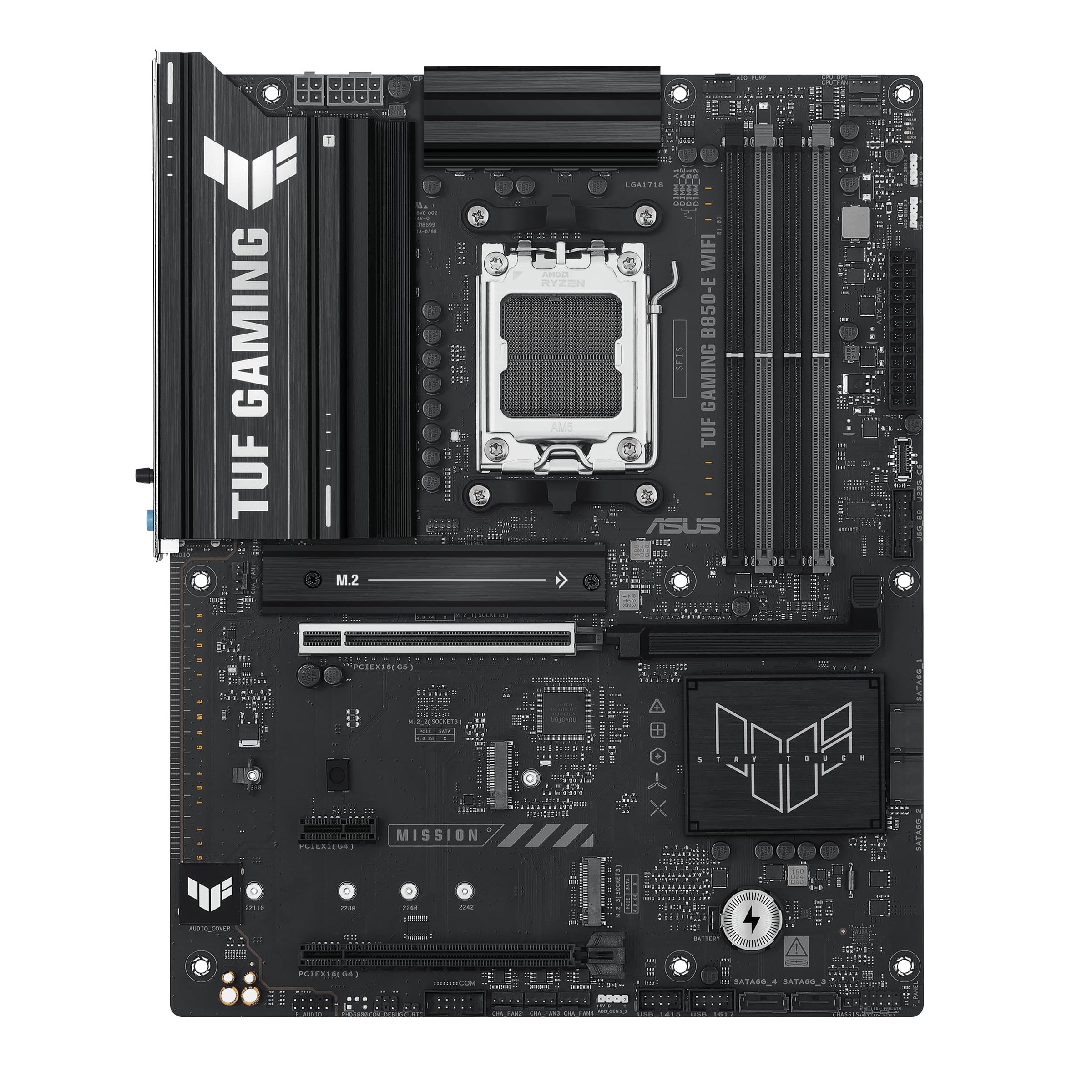 ASUS TUF GAMING B850-E WIFI AMD AM5 B850 ATX motherboard, DDR5, PCIe 5.0 Ready, M.2 slots x3, Wi-Fi 6E, 2.5Gb Ethernet, DisplayPort, HDMI,USB 20Gbps Type-C, USB 10Gbps Type-C, BIOS FlashBack, AuraSync