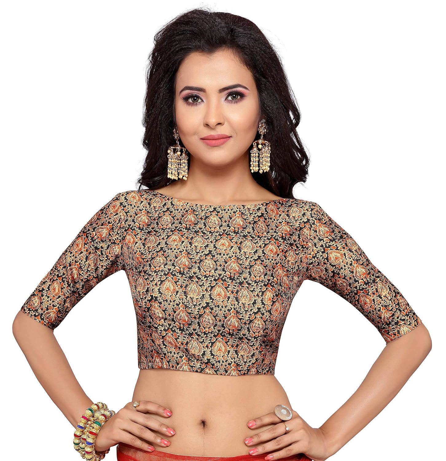 studio shringaar women's poly raw silk bagh printed saree blouse with boat neck