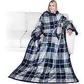 PAVILIA Sherpa Wearable Blanket with Sleeves and Pocket, Plush Thick Cozy Body Blanket Wrap for Adult Women Men, Christmas Gift for Wife Mom, Plaid Navy Blue