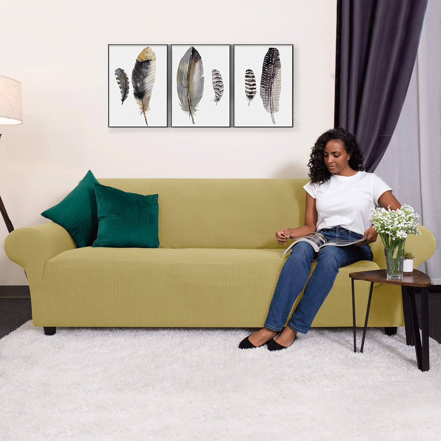 CHUN YI Stretch Chair Sofa Slipcover 1-Piece Couch Cover, 1 Seater Coat Soft with Elastic, Checks Spandex Jacquard Fabric, Small, Beige: Home & Kitchen