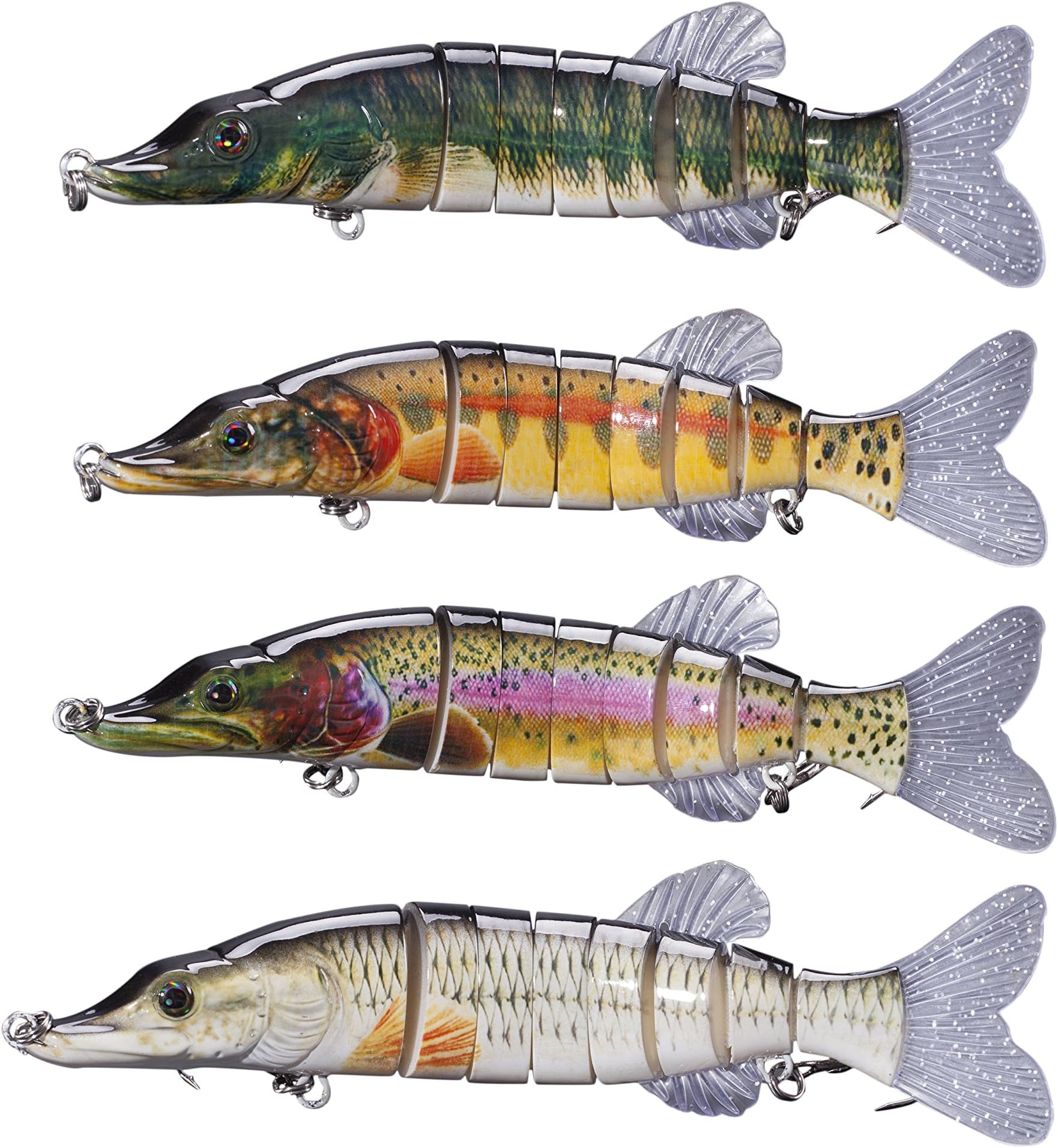 Premium Pike Art Bait Set • 4 Baits • 20 cm • 70 grams • Perfect for pike, zander, perch, trout, cod and more! • 4 joints and 2 sharp drill hooks • Realistic movement in water • Swiss Quality