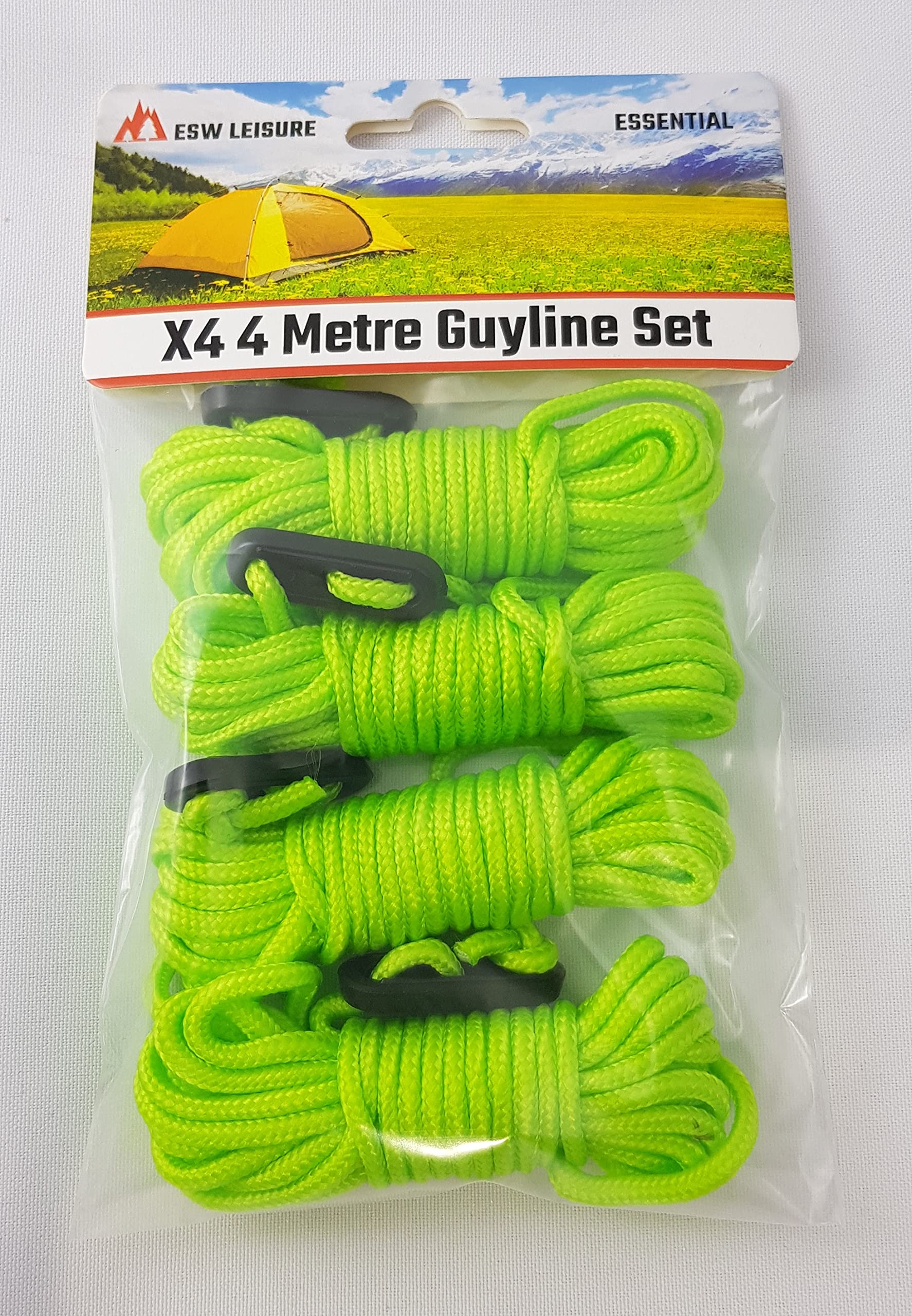 ESW LEISURE Guyline Ropes 4 Pack For Tents Awning Camping Strong Lightweight Paracord Guy Rope With Tensioner Guy Lines Fishing Umbrella Shelter Caravan Gazebo (Flourescent Green, 4 Metre XL 4 Pack)