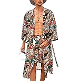 COOFANDY Men Lightweight 2 Piece Kimono Robe with Shorts Japanese Robes Casual Open Front Long Cardigan With Belt