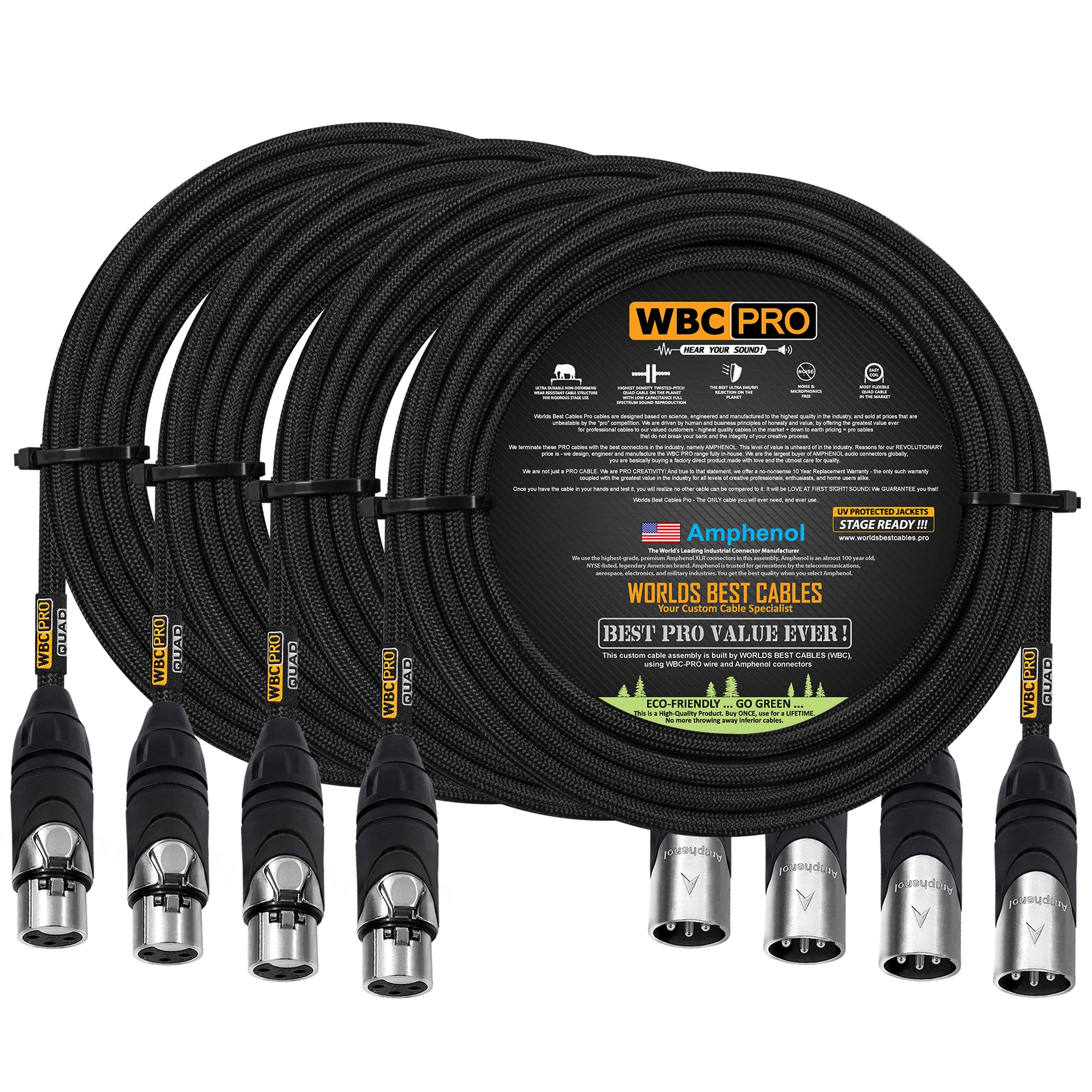 WORLDS BEST CABLES 4 Units - 8 Meter - WBC-PRO-QUAD Ultra-Silent Ultra-Flexible Balanced Star-Quad Cable with Amphenol Male & Female XLR Plugs & Black Tweed Jacket