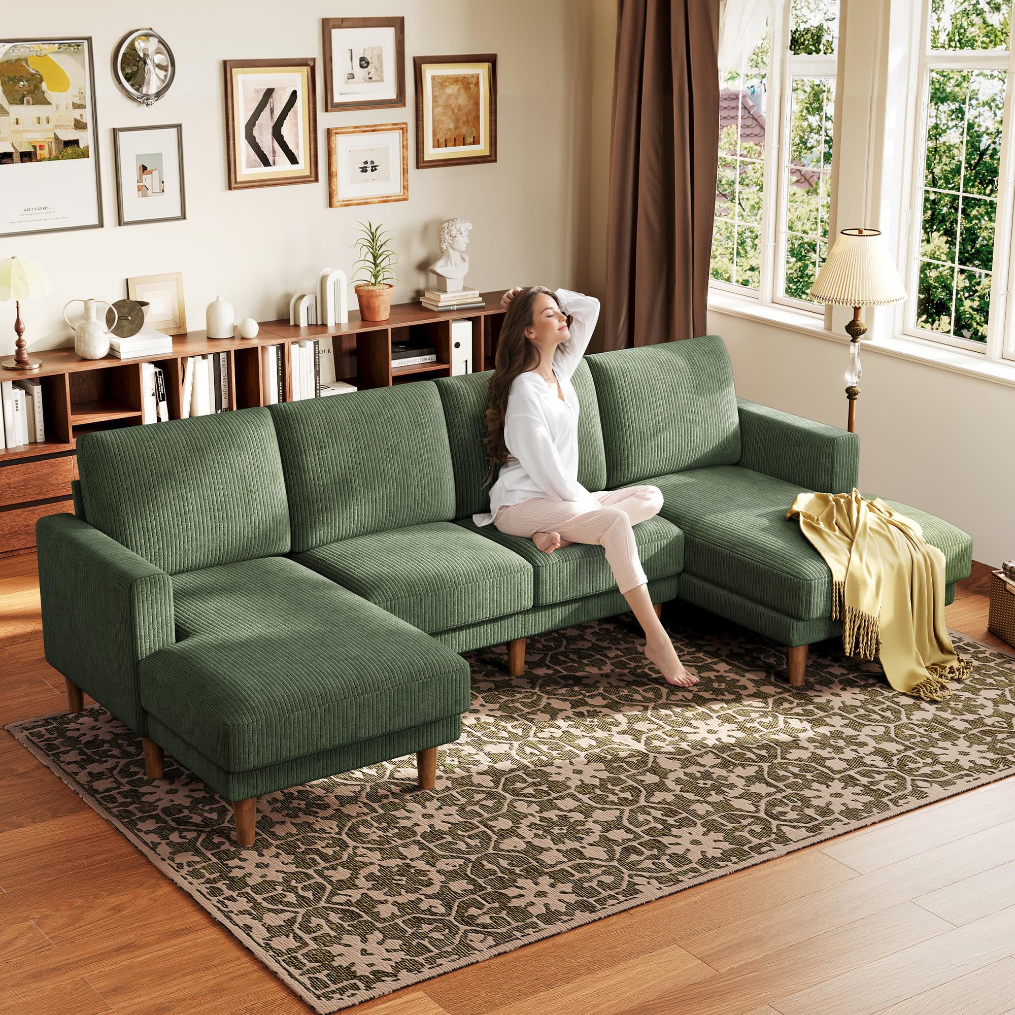 Photo 1 of **BOX 1 OF 2 ONLY/INCOMPLETE SET/MISSING PARTS**Kidirect 106" Green U Shaped Couch with Chaises, Corduroy Sectional Couches for Living Room No Tool Assembly, 4 Seats Loveseat Sofa Comfy Sectional Sofas for Living Room Apartment Home 900lb Load V IT IS MIS