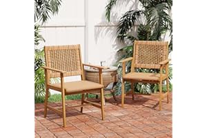 PHI VILLA Outdoor Acacia Wood Dining Chairs Set of 2, Armchairs with Strong Wicker Back & Seat, Farmhouse Style Teak Patio Deck Yard Balcony Garden Furniture