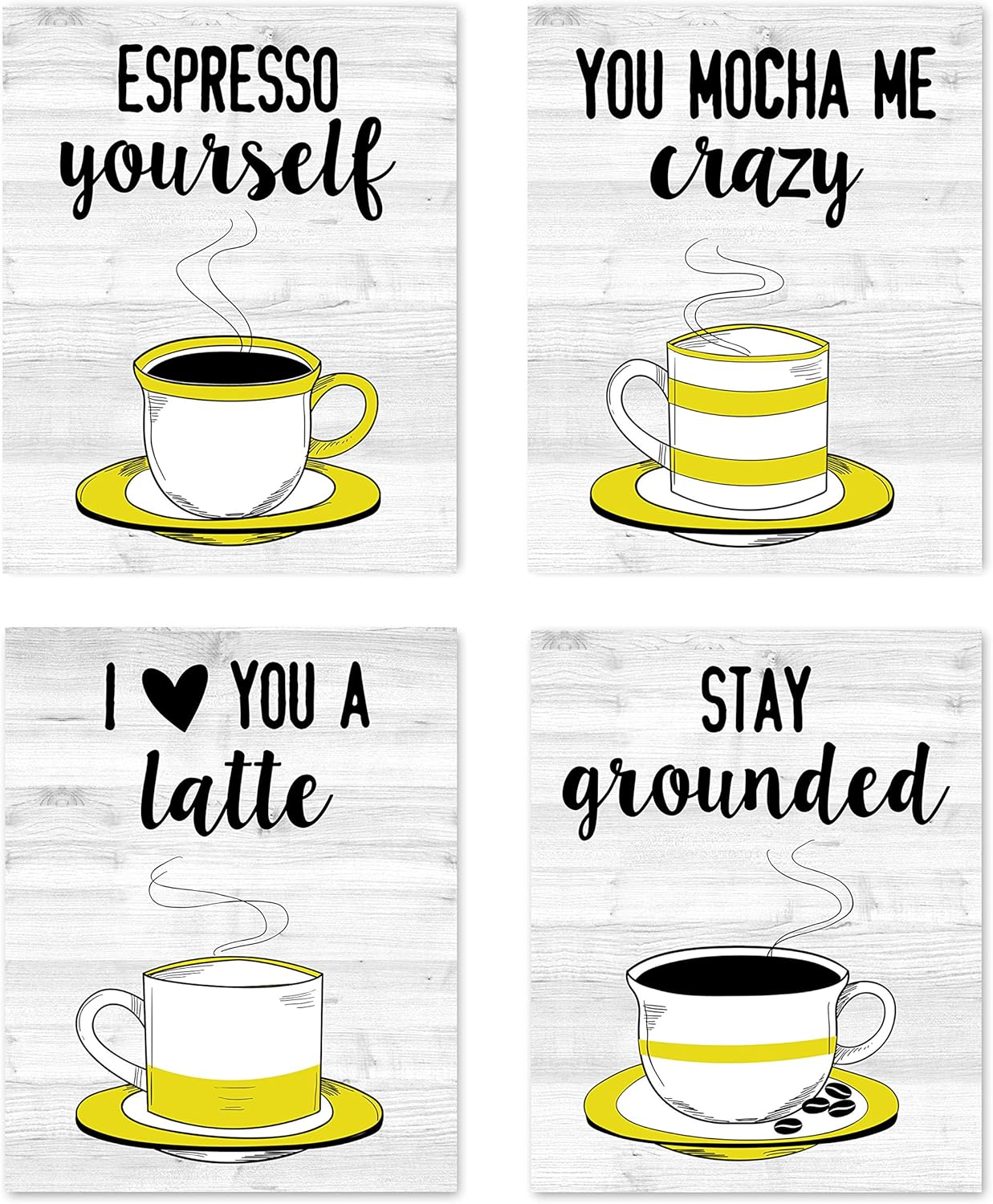 Retro Vintage Inspirational Kitchen Restaurant Wall Art Coffee Mugs Tea Prints Posters Signs Funny Puns Sayings Quotes for Rustic Modern Farmhouse Country Home and Dining Decor Decorations Set of 4 Unframed 8” x 10” Yellow Black & White