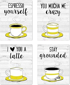 Retro Vintage Inspirational Kitchen Restaurant Wall Art Coffee Mugs Tea Prints Posters Signs Funny Puns Sayings Quotes for Rustic Modern Farmhouse Country Home and Dining Decor Decorations Set of 4 Unframed 8” x 10” Yellow Black & White