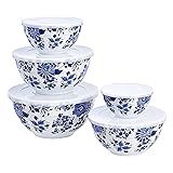 Amazon Basics Nesting Melamine Mixing Round Bowl with Lid and Non-Slip Base, 5 Sizes, Blue and White Floral, Set of 10, 4 qua