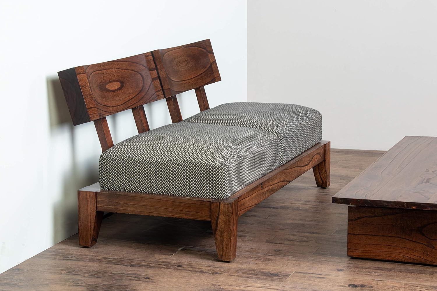 Fabindia Wood with Cushion 2 Seater Sofa (Daig Wood,Country Life Walnut