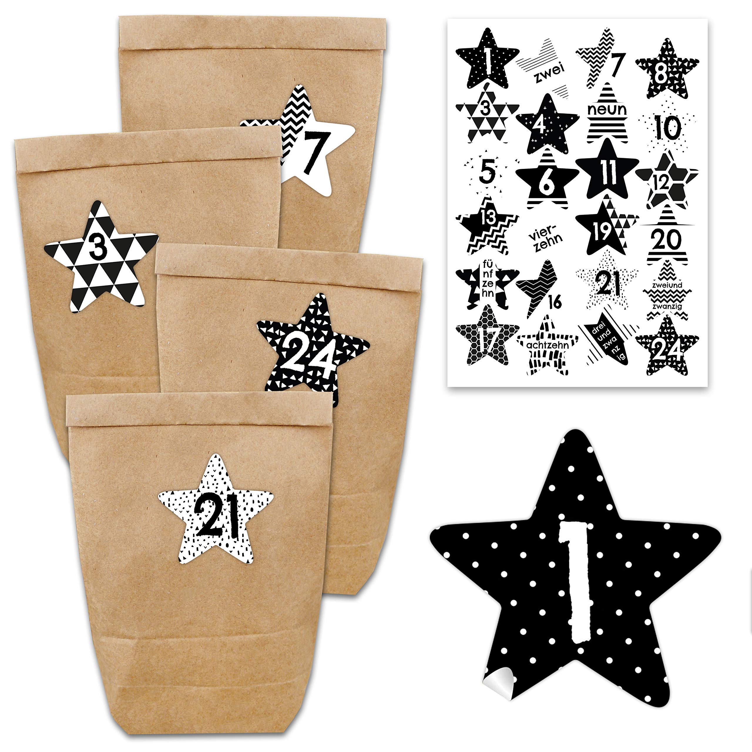 Papierdrachen Advent calendar 24 paper bags with stickers - black and white stars design - 40