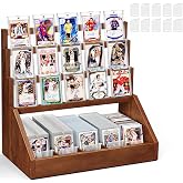 Emfogo Trading Card Display, 3-Tier Card Display Stand with 5-Row Storage, Wooden Graded Card Display, Large Capacity Sports Cards Display Case for Cards Game Collection (Walnut)
