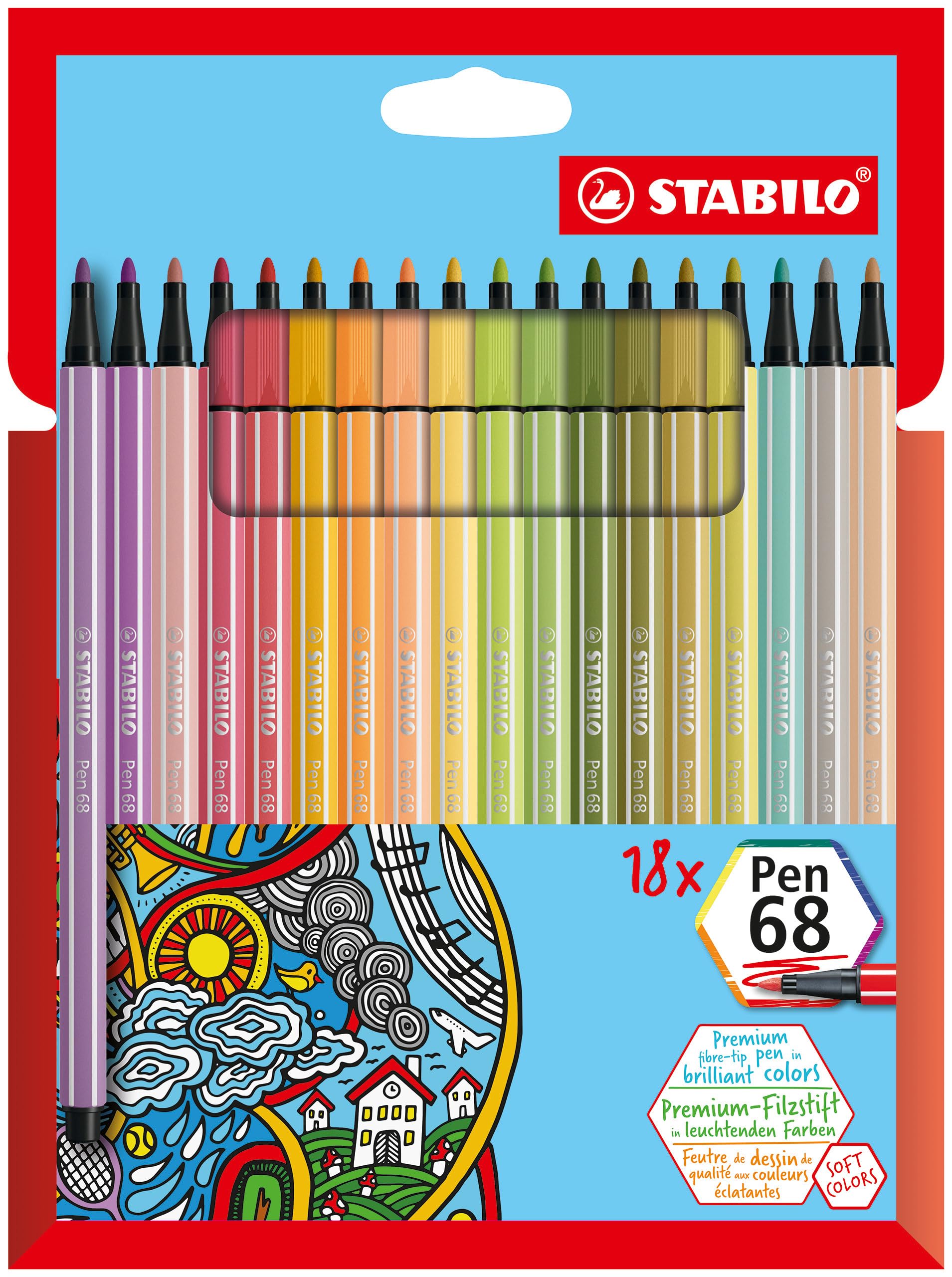 STABILO Pen 68 - Premium Fibre-Tip Pen - Pack of 18 - Soft Colours