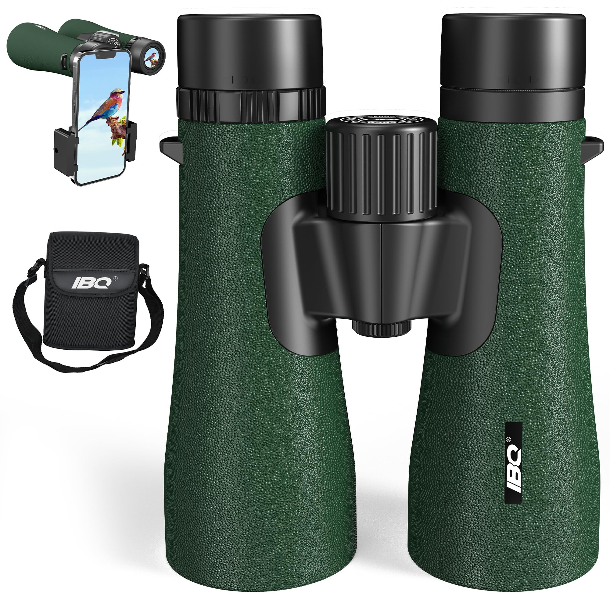 IBQ Binoculars Adults HD,12x50 High Power Binoculars with Upgraded Phone Adapter Super Bright Binoculars with Low Light Night Vision,Waterproof Binoculars Bird Watching,Outdoor Sport Concert green