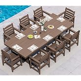 SERWALL 9Pcs 84" HDPE Outdoor Dining Set for 8 with Armchairs,Brown | All-weather HDPE Frame,8 Armchair with an 84" Table and Umbrella Hole,Perfect for Outdoor Gathering