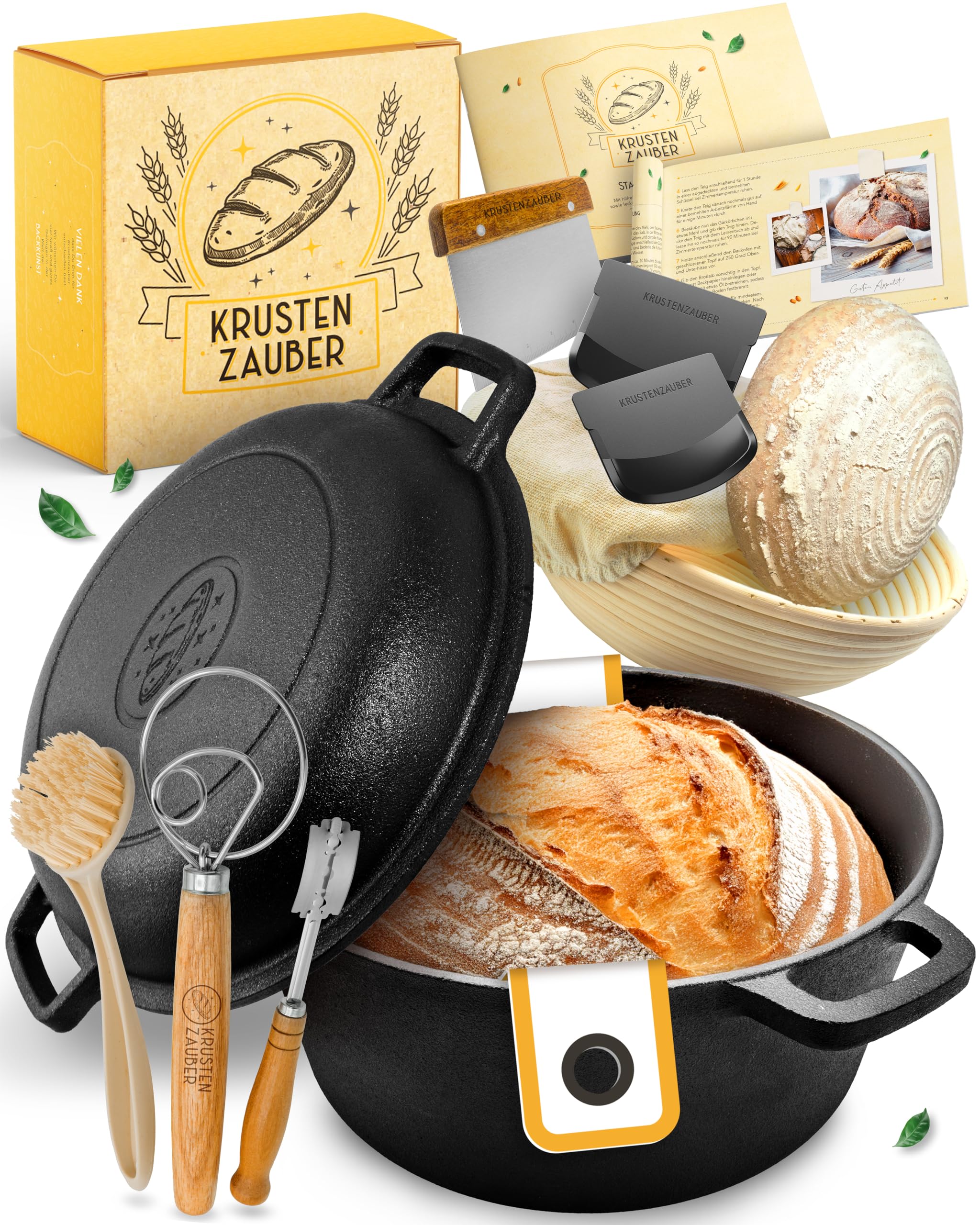 KRUSTENZAUBER Gusseisen Topf Brot Backen im XXL Set - Brotbackform mit Deckel inkl. Gärkorb, Schneebesen, Bäckermesser, Teigschaber, Brotschlinge und mehr - Perfektes Brotbacktopf Set für Anfänger