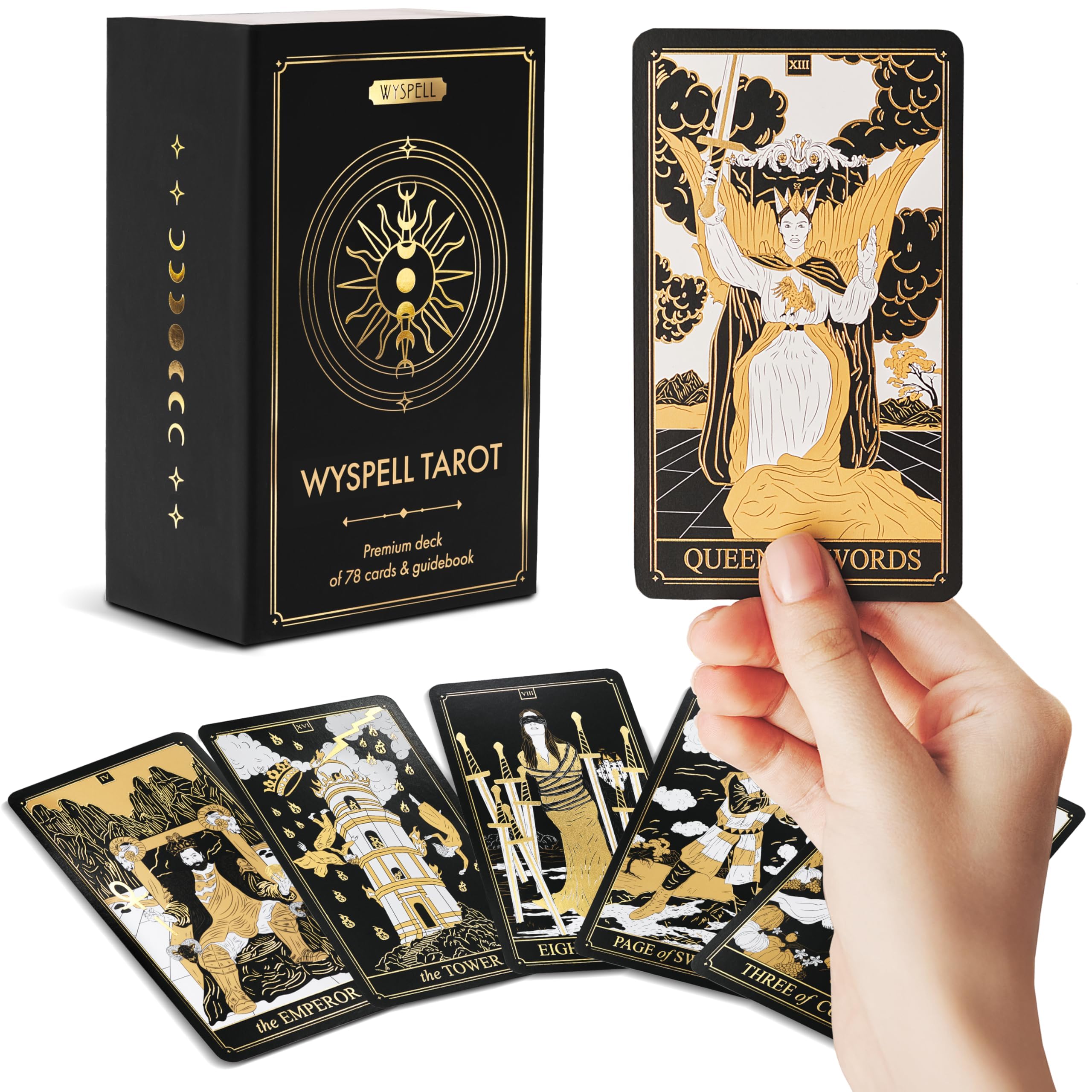 Wyspell Classic Tarot Cards with Guide Book - 78 Gold Cards for Beginners - Black Tarot Decks with Guidebook - Original Cards Deck with Guidebook