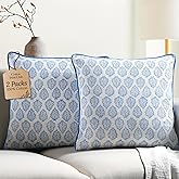 CPC 100% Cotton Throw Pillow Covers 24x24 Inch, Set of 2 Green Block Print Pattern Couch Pillow, Cute Boho Decorative Pillows for Living Room, Bedroom with Hidden Zipper- Royal Blue