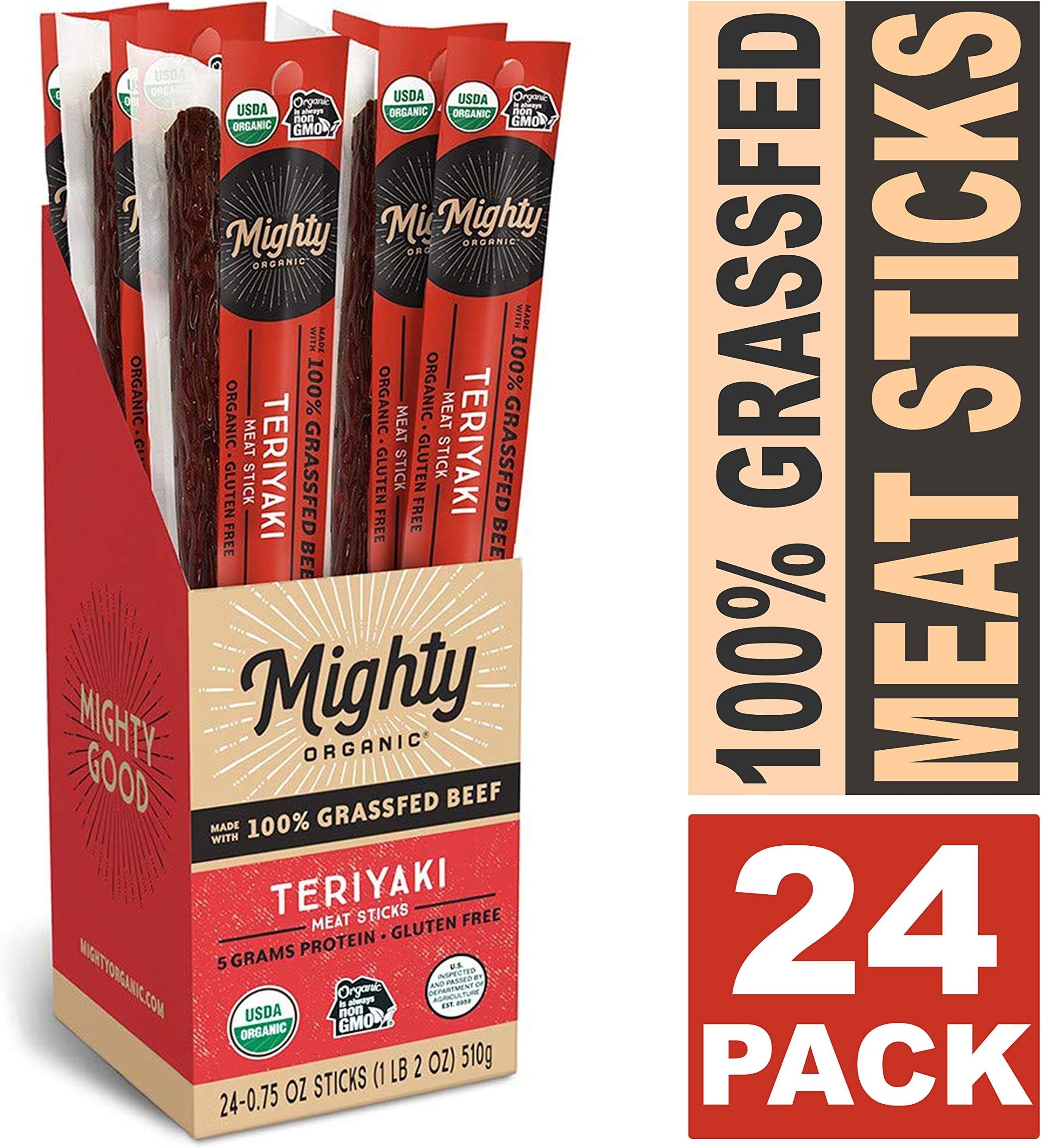 100% Grass Fed Meat Sticks, Keto Snacks, Teriyaki, Mighty Organic, 0.75oz (Pack of 24)