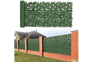 OUSHENG 314x39in Ivy Privacy Fence Wall Screen Cover with Flowers, Artificial Hedges and Faux Vine Leaf Covering Decoration for Outdoor Garden, Dark Leaves