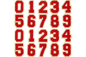 JUINTE 20 Pieces Numbers Iron On Patches 3.15 Inch Chenille Embroidery Varsity Numbers with Glitter Sequins Sew or Iron on Number Applique for Team Uniform Sports T Shirt Football Jeans Bags Decors (Red)