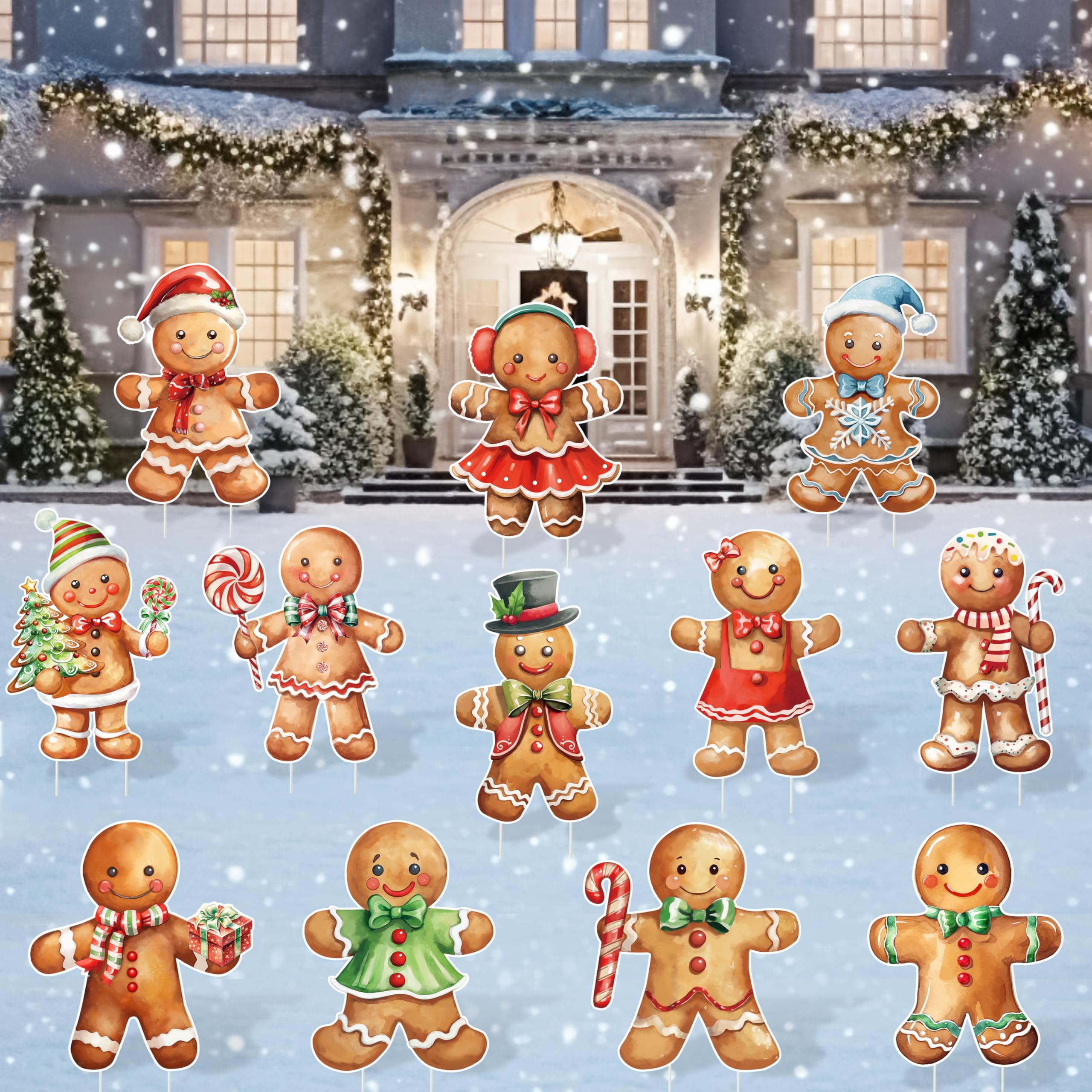Photo 1 of 12 Pcs Christmas Yard Signs With Stakes - Gingerbread Man Winter Outdoor Decorations - Holiday Garden Signs for Lawn Pathway Outside Decor
