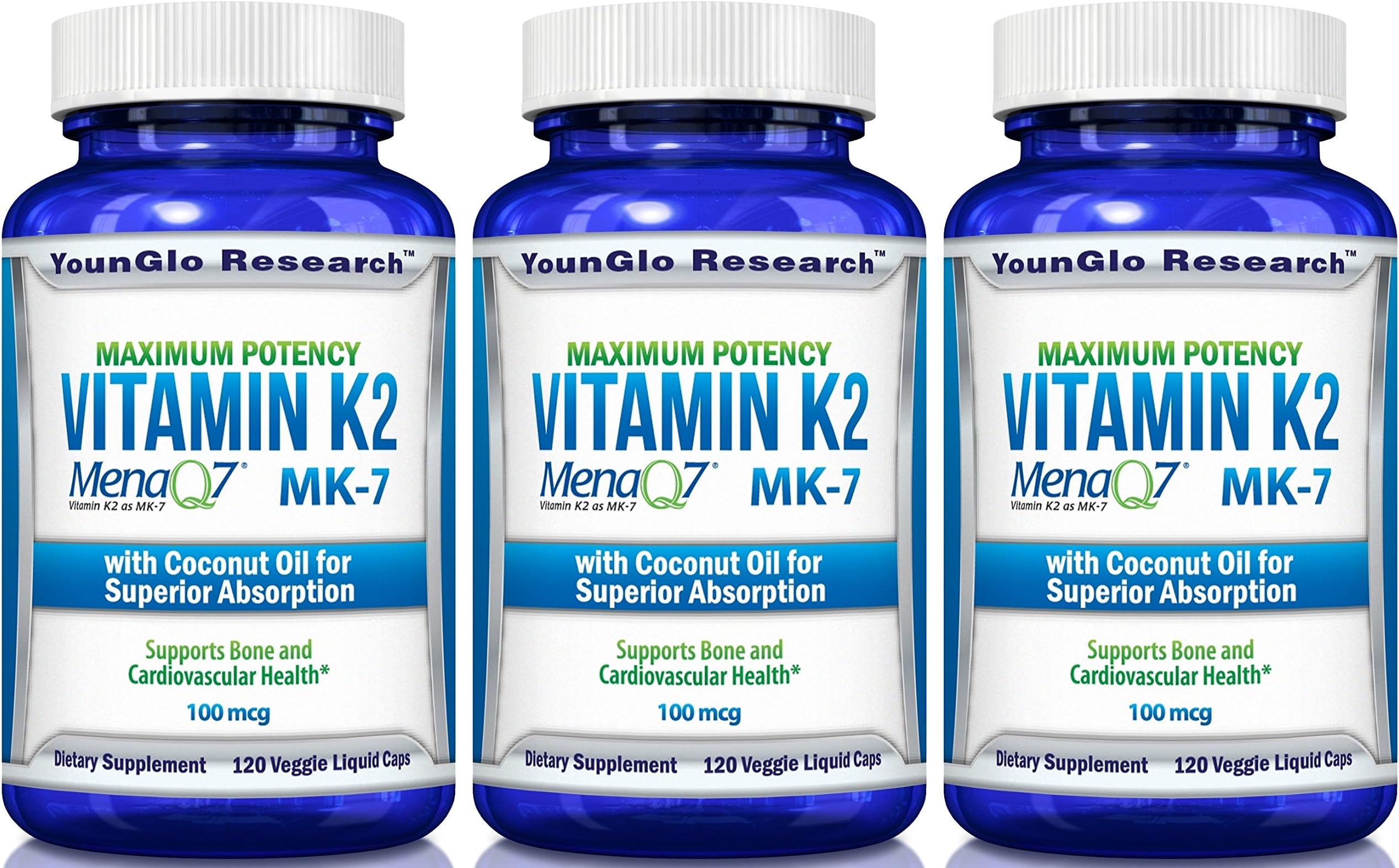 Vitamin K2 MK7 - MenaQ7 and Coconut Oil for Superior Absorption - 120 Soy-Free Non-GMO Vegetarian Liquid Caps 100 mcg. (3 Pack)