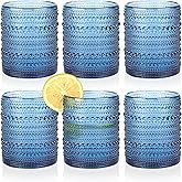 KMIGRUAN Hobnail Drinking Glasses Set of 6,12oz Blue Vintage Glassware,Cocktail Glasses,Embossed Glass Cups,Water Tumbler for Whiskey, Juice and Various Mixed Drinks