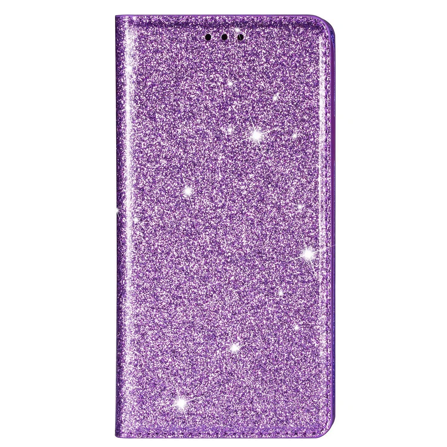 Unichthy For iPhone 14 Plus Case All Glitter Flip Case for Women Solid Sparkly PU Leather Bling Wallet Phone Cover Card Slots Stand Magnetic Closure Shockproof Shell for iPhone 14 Plus Purple