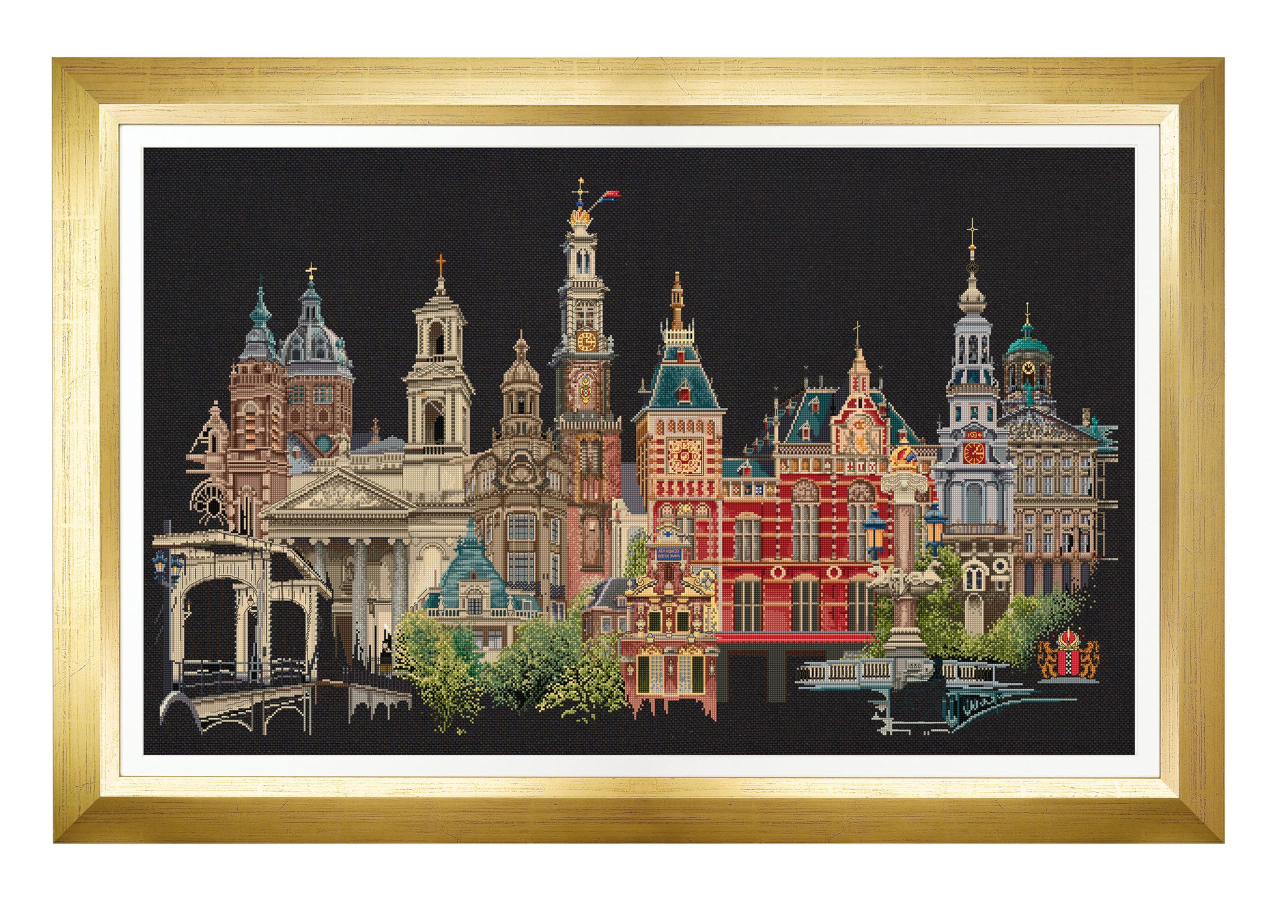Thea Gouverneur - Counted Cross Stitch Kit - Amsterdam - Aida Black - 18 count - Embroidery Kit for Adults - DMC Embroidery Threads and other Cross Stitch Supplies Included - 450.05