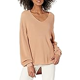 Cable Stitch Women's Bishop Sleeve V-Neck Sweater Top - Shaker Knit Solid Color Long Sleeve Pullover