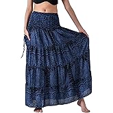 Long Skirts for Women Tiered Maxi Boho Skirt Hippie Clothes Bohemian Print with Pocket