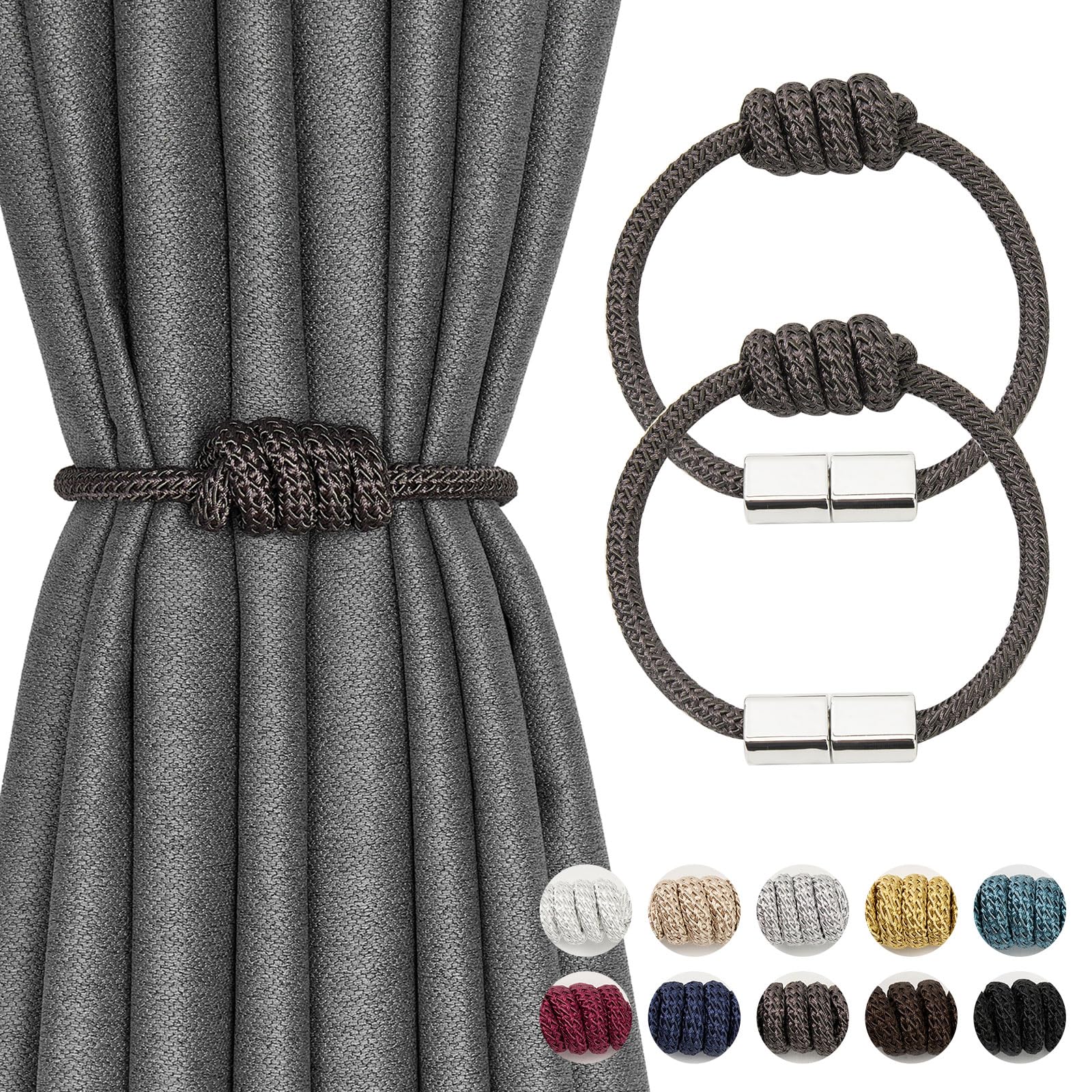 Pretty Jolly 2 Pack Mini Magnetic Curtain Tiebacks Modern Simple Style Drape Tie Backs Elegant Hand Weave Rope Knot Decorative Curtain Holdbacks for Home & Office Window Drapery (Dark Grey)
