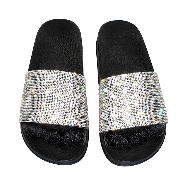 Womens Ladies Slip On Sparkly Diamante Bling Sliders Summer Sandals