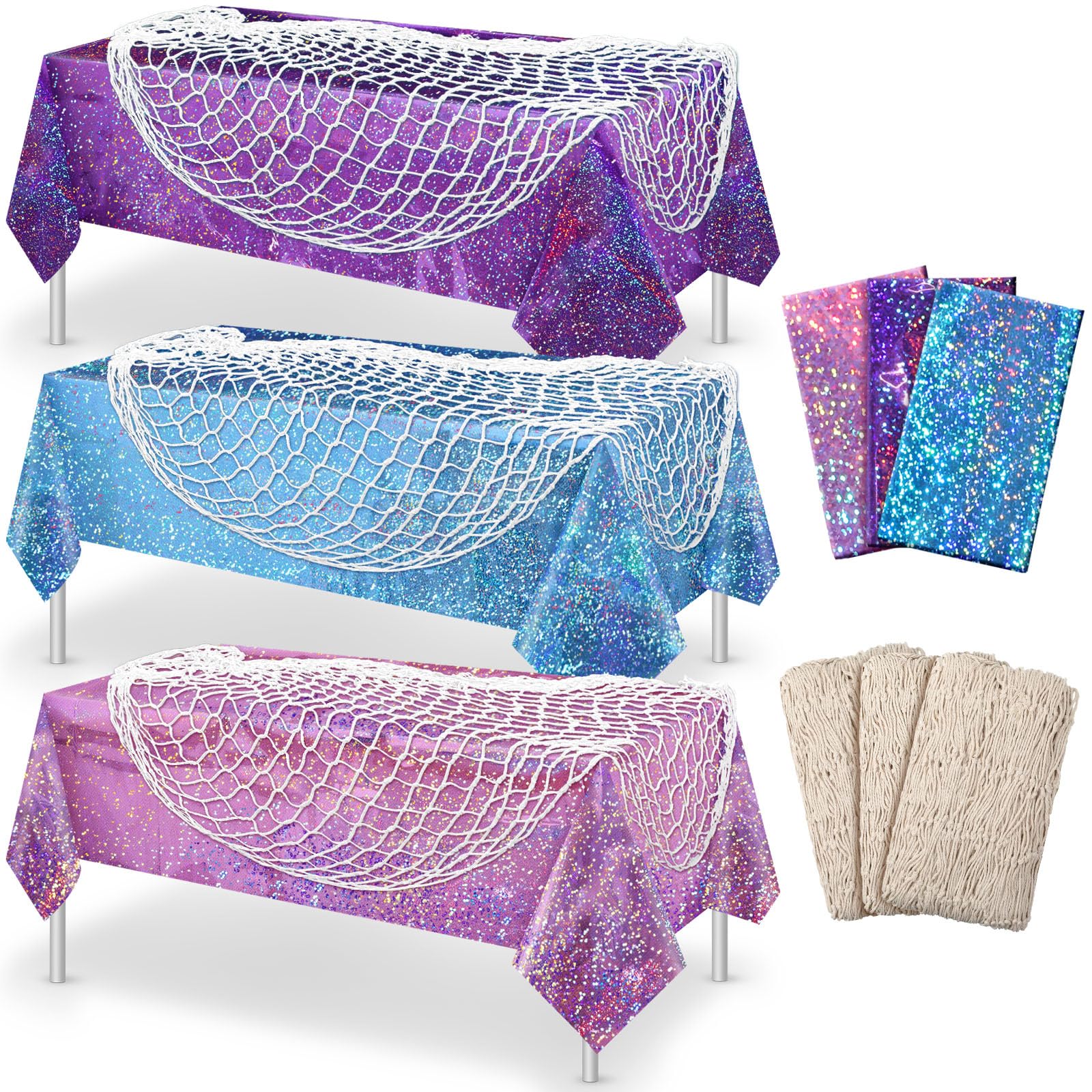 Photo 1 of **PARTIAL SET/ONLY 2 NETS REST IS MISSING** Unittype 6 Pcs Fish Net Decorative and Tablecloth Set, Cotton Fishnet and Plastic Table Cover Decorations Set for Nautical Themed Party Baby Shower Pirate Decorations Mermaid Party(Laser Shine)