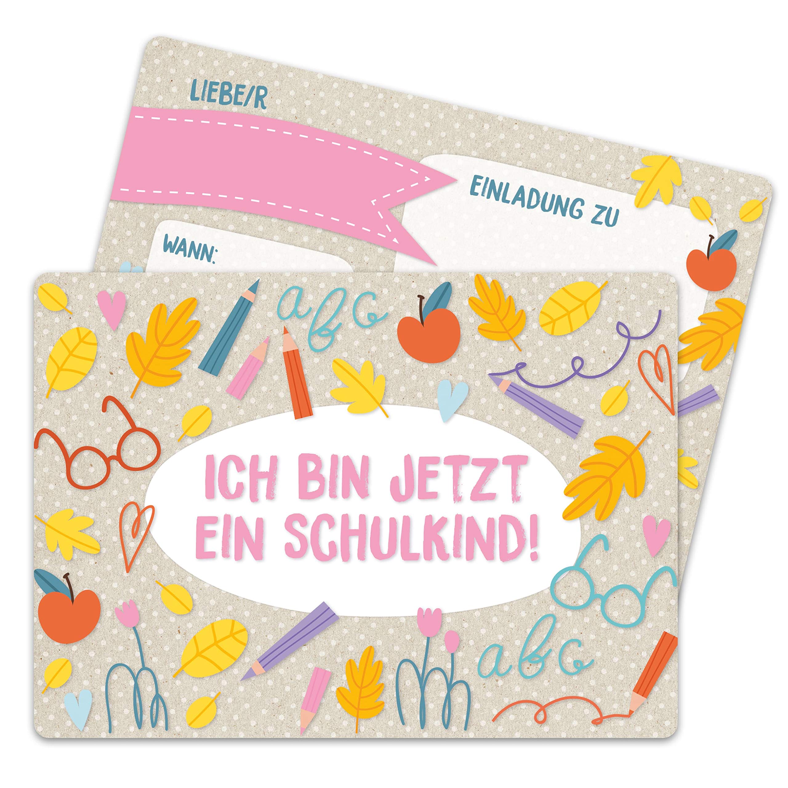12 Invitation Cards for First Day of School, Invitation with Wrapping Paper Motif for the Beginning of School, First Grader, I Will Be School Child