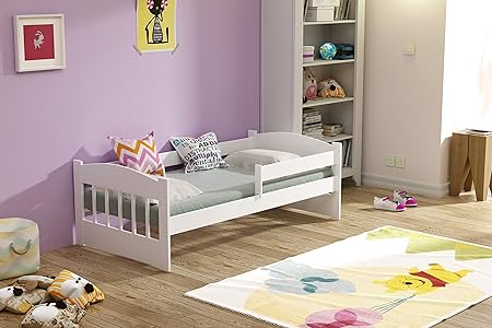 Kinderbett 160x80 mit Matratze und Bettlaken Massivholz (Weiß)