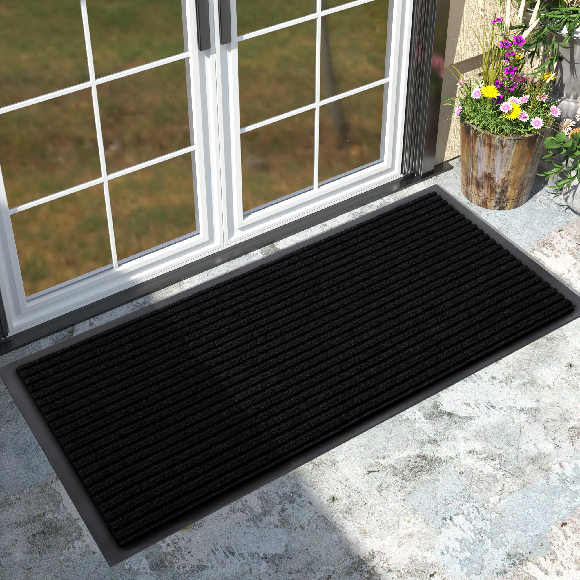 Yimobra Front Door Mat Outdoor Indoor Entrance, 100% Waterproof All-Season All Weather Doormat, Welcome Matt Outside Entry, Non Slip, Low Profile, Heavy Duty Patio Porch Floor Mats,47 x 24,Black Image