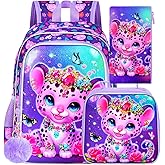 ZLYERT 16" Leopard Backpack for Girls, 3Pcs Kids Bookbag for Elementary Preschool Kindergarten, School Backpacks with Lunch Box(Purple)