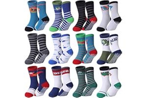 DOSKONI Toddlers Boys Non Slip Socks Baby Kids Grip Socks Crew Cotton Socks with Grippers 12 Pairs